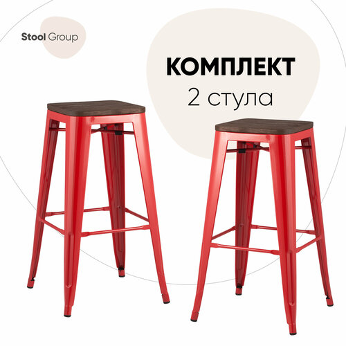 Комплект стульев STOOL GROUP Tolix Wood, металл, 2 шт., цвет: красный глянцевый/темное дерево