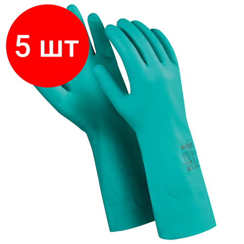 Комплект 5 шт, Перчатки нитриловые MANIPULA "Дизель", хлопчатобумажное напыление, размер 8 (M), зеленые, N-F-06