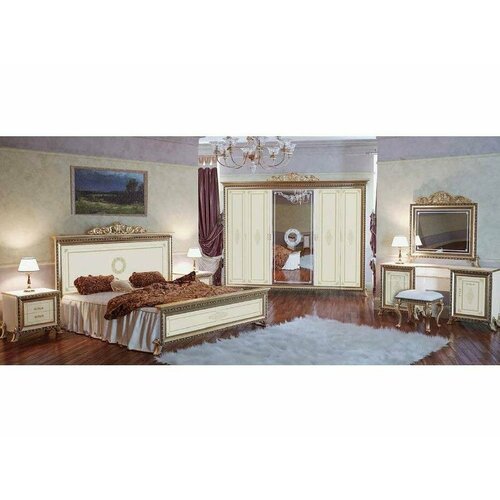 Спальный гарнитур Мэри Версаль слоновая кость (кровать 160х200 шелкография, шкаф 6дв, тумбочки 2шт, кроватное основание, туал. стол, зеркало)