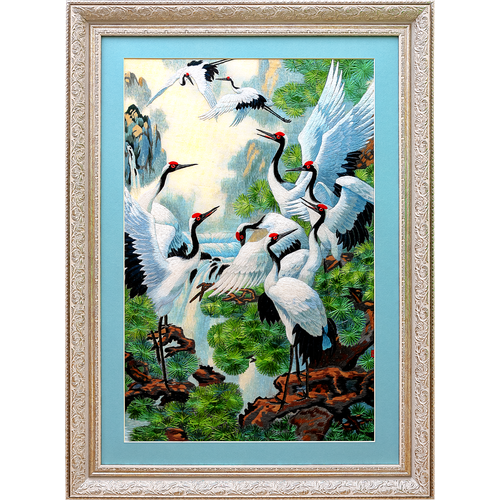 Картина вышитая шелком Девять журавлей у водопада ручной работы /см 76х56х3/багет+паспарту