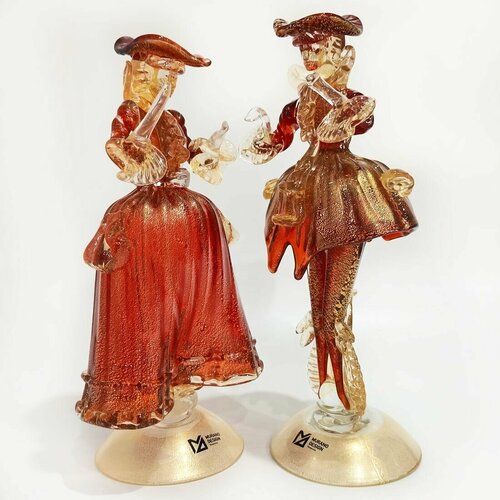 Дама и Кавалер Венецианцы Муранское стекло. Рубиновые с золотом. Италия. 2023. Высота 24 см