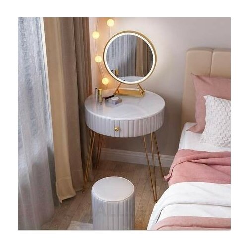 Компактный круглый туалетный столик 50 см с зеркалом и пуфиком (серый 50 см + мраморная столешница + зеркало + табурет)