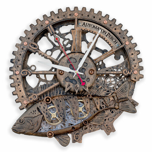Настенные часы "Автоматон Окунь" с вращающимися шестеренками WOODANDROOT