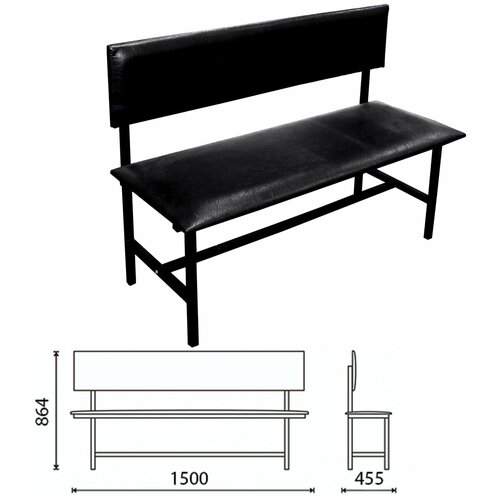 Банкетка со спинкой "Берта" 1500х455х864 мм, усиленная, черный каркас, кожзам черный