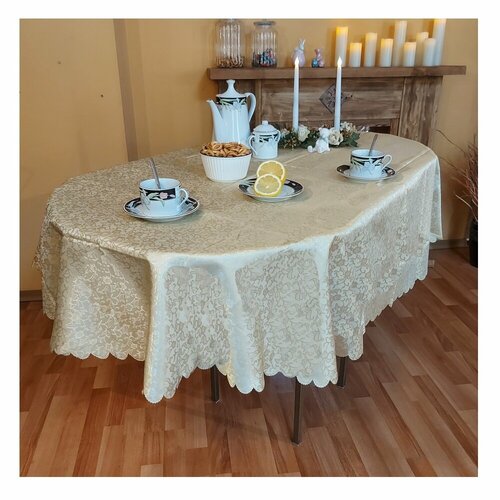 Скатерть на стол овальная Santa Barbara T003 , водоотталкивающая с пропиткой, полиэстер, бежевая, 160x220 см