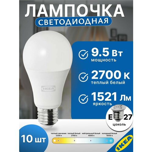 Лампа светодиодная 60 мм E27 9.5 Вт 2700 К 10 шт шарообразная регулируемая IKEA SOLHETTA солхетта