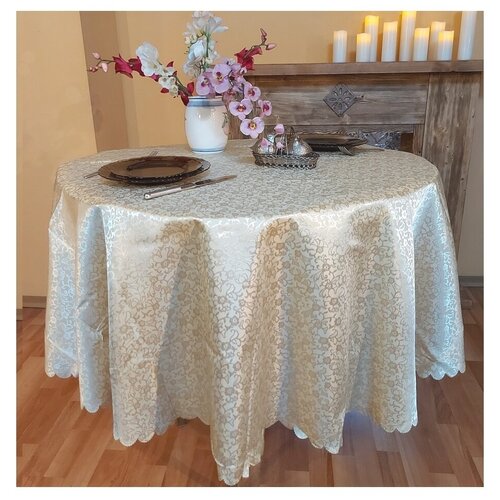Скатерть на стол круглая Santa Barbara T003, водоотталкивающая с пропиткой, полиэстер, бежевая, 160 см