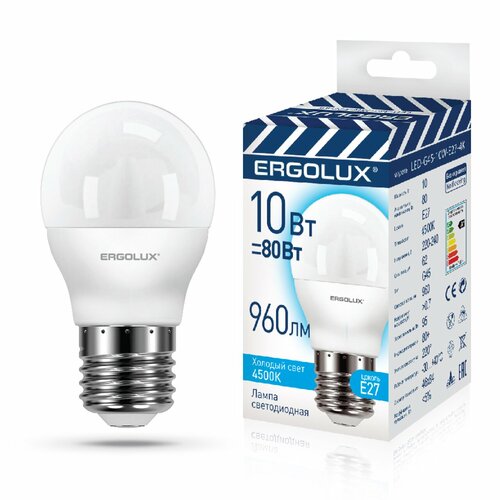 Лампа светодиодная ERGOLUX, E27, шар, G45,10Вт, 4500K, 220-240В