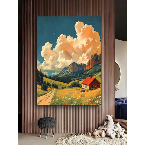 Природа / лес, картина пейзаж / река, горы, 30х40 см.