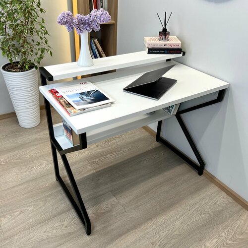 Компьютерный стол REX 101х60х75 (белый) LOFT, игровой стол с дополнительными полками
