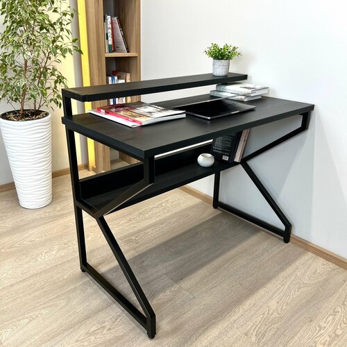 Компьютерный стол REX 111х60х75 (черный) LOFT, игровой стол с дополнительными полками