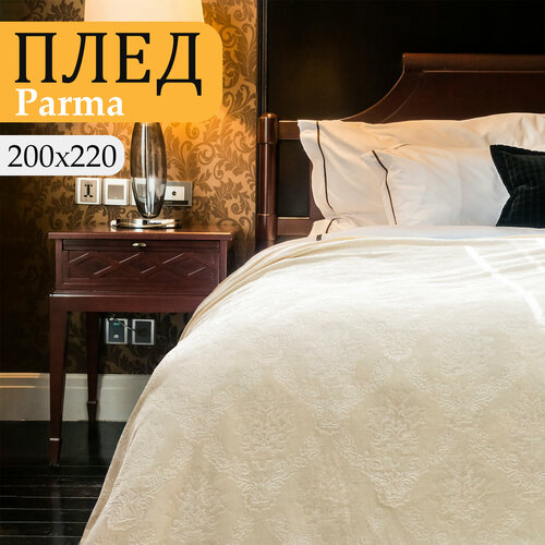 Плед двуспальный евро 200х220 бежевый, покрывало на кровать и диван Cleo Parma, пушистый с рисунком, велсофт