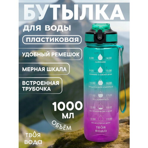 Бутылка для воды пласт. с крыш-защёлк и ремеш Твоя вода, фиолетово-бирюзовая,1000 мл, 8х28.5см УД-7931