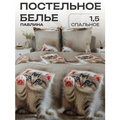 Постельное белье 1.5 спальное Павлина Котик бежевый, Полисатин, наволочки 70x70