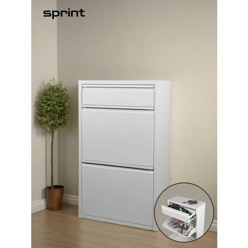 Обувница Металлическая, 2 секции + 1 ящик - Белая