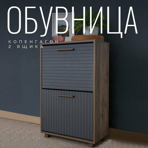 Обувница Копенгаген 2 ящика ЛДСП Дуб самдал / МДФ Серый графит 95х60х30