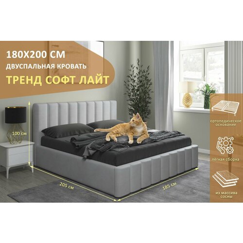 Двуспальная кровать Тренд Софт Лайт 180х200 см, с ортопедическим подъемным механизмом, без ножек, цвет светло-серый