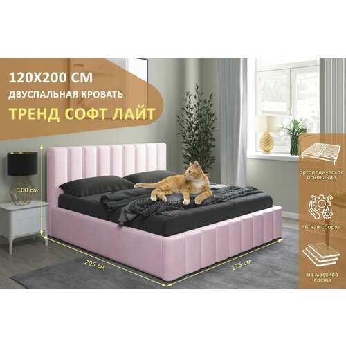 Двуспальная кровать Тренд Софт Лайт 120х200 см, с ортопедическим подъемным механизмом, без ножек, цвет розовый