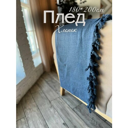 Плед 180х200 теплый, двухсторонний, двуспальный с бахромой на диван и кровать / хлопок Inky
