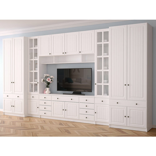 Стенка с МДФ-фасадами Паскаль-12 Фабрика Стиль, 450x240x50 см, Белый фасадный 0101, фасады - Милк SF-01 ADI матовый