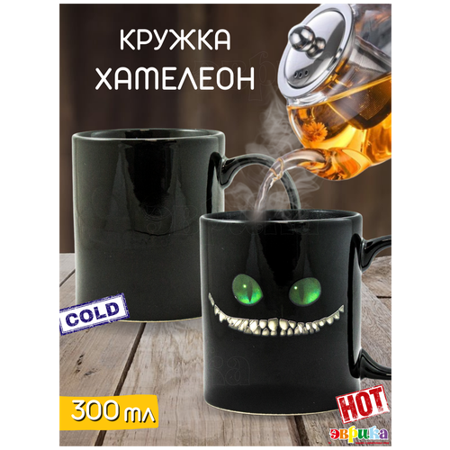 Кружка хамелеон Чеширский Кот 300 мл, черная, чашка для чая, меняет цвет / рисунок Cheshire Cat подарочная, женская