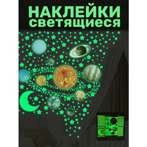 Наклейки интерьерные светящиеся в темноте луна и планеты