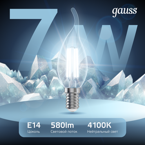 Лампа светодиодная Gauss Filament свеча на ветру 7 Вт E14 свеча на ветру 4100 K холодный белый 2 шт.