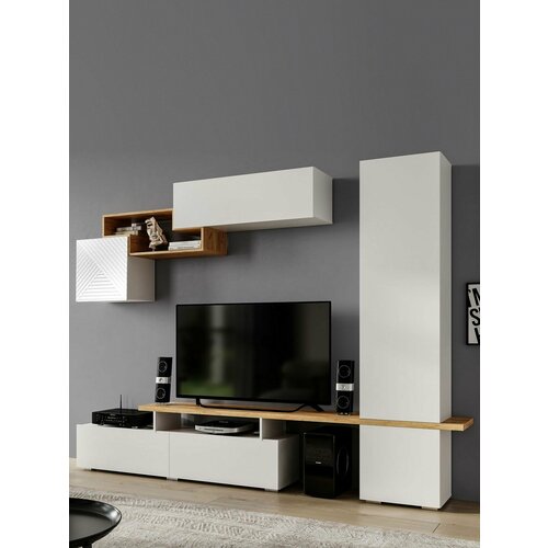 Гостиная комплект Скайфрай, тумба, шкаф, настенная полка, 270х35.3х200 см, Белый / Белый глянец / Дуб Крафт золотой