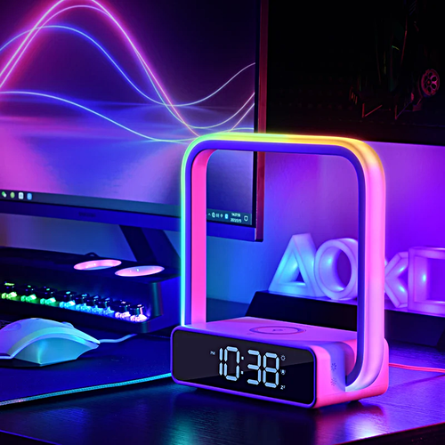 Умный светильник RGB Ночник с беспроводной зарядкой 10W, Часами и Будильником, Белый