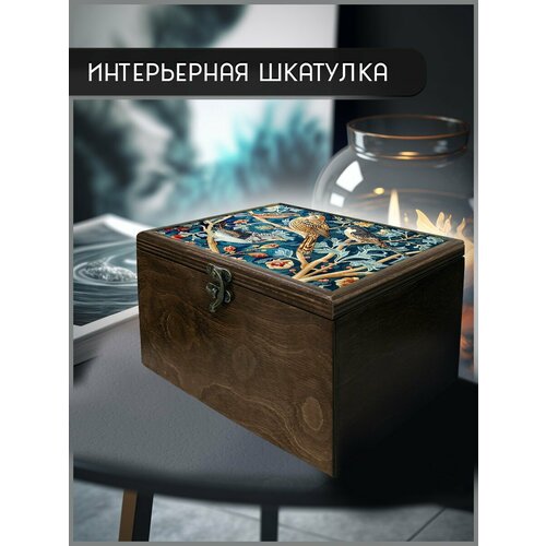 Шкатулка интерьерная для украшений универсальная 22x17x12 см эстетика Птицы в саду (растения, цветы, пионы, орнамент, атмосфера) - 2012