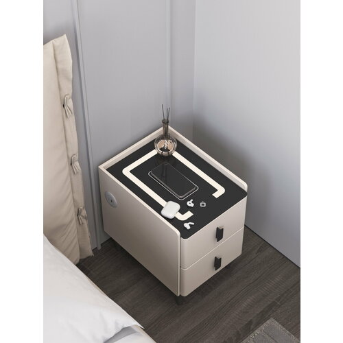 Тумба прикроватная LevelMore с беспроводной зарядкой, подсветкой и эко кожей, 30x40x45 см, 2 ящика