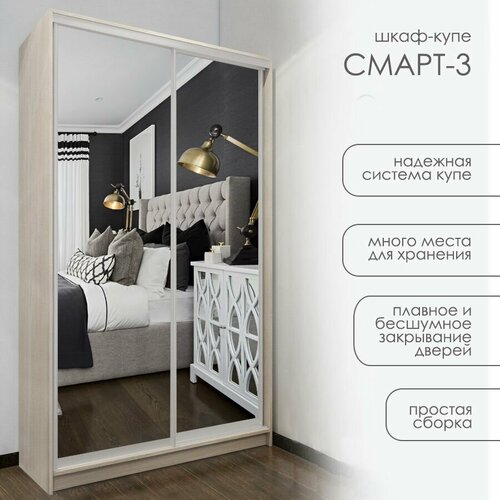 Шкаф-купе Смарт-3, 100*220*40, шимо светлый, серебро матовое, 2 зеркала, платье/белье