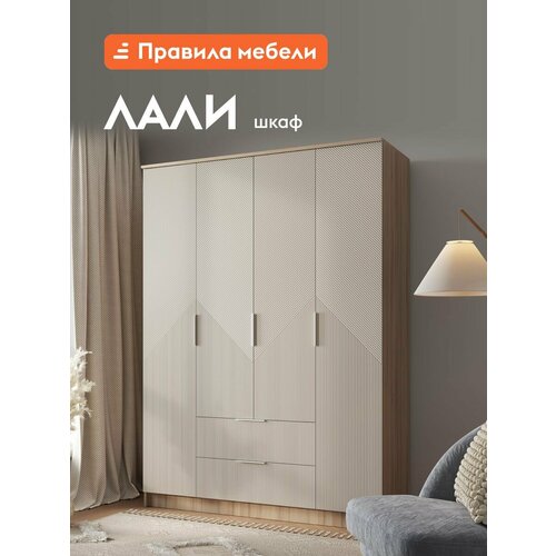 Распашной шкаф для одежды и хранения вещей Лали с ящиками, с полками, со штангой, 160х61х221.6 см, Дуб Смоки / Айриш