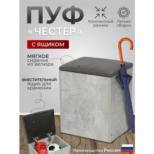Пуф Честер тип 1, BUDUNOV GROUP, Ателье светлый/ ТК графит с ящиком для хранения 27х33х42 см