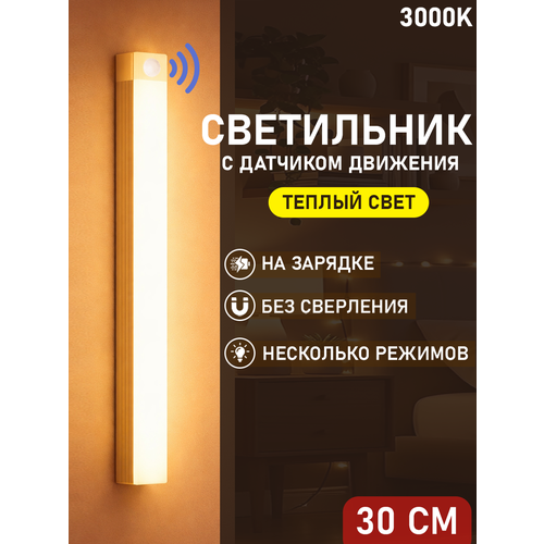Светильник с датчиком движения, беспроводной светодиодный ночник, перезаряжаемый USB-ночник, 30 см