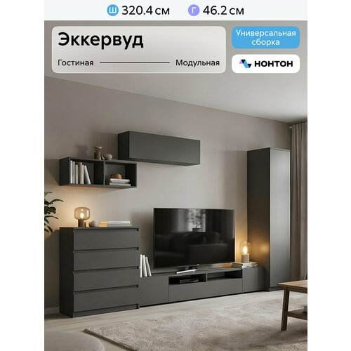 Стенка в гостиную Нонтон Эккервуд, графит серый, 320x46x205 см