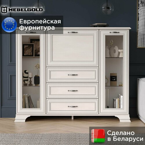 Мальпенса Комод для гостиной, тумба под телевизор, в спальню, детскую, прихожую, с ящиками, МебельГолд, Тиффани / Tiffany 2V1D3S вудлайн кремовый МебельГолд