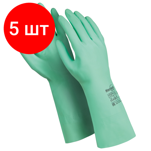 Комплект 5 шт, Перчатки латексные MANIPULA "Контакт", хлопчатобумажное напыление, размер 10-10.5 (XL), зеленые, L-F-02