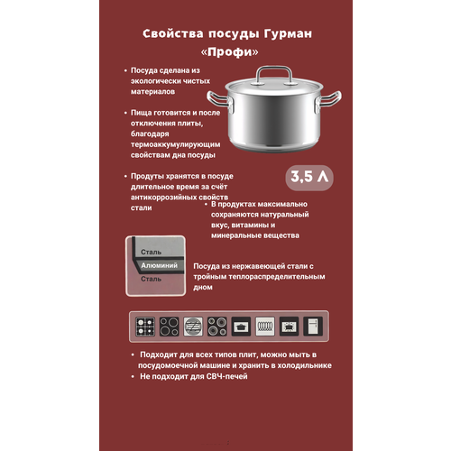 Кастрюля ВСМПО-посуда 3,5 л Гурман-Профи из нержавеющей стали AISI304L (03Х18Н11) с тройным дном