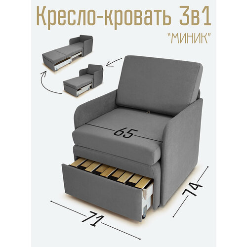 Кресло-кровать Миник 3в1: кресло, кровать, кушетка. 71х87х74 см, с ящиком, с подлокотниками, выкатной механизм, велюр Candy Grey