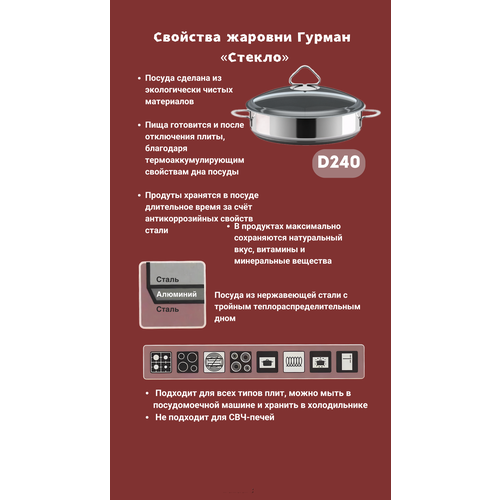 Сковорода-Жаровня ВСМПО-посуда d240мм Гурман-Стекло из нержавеющей стали AISI304L (03Х18Н11) с тройным дном