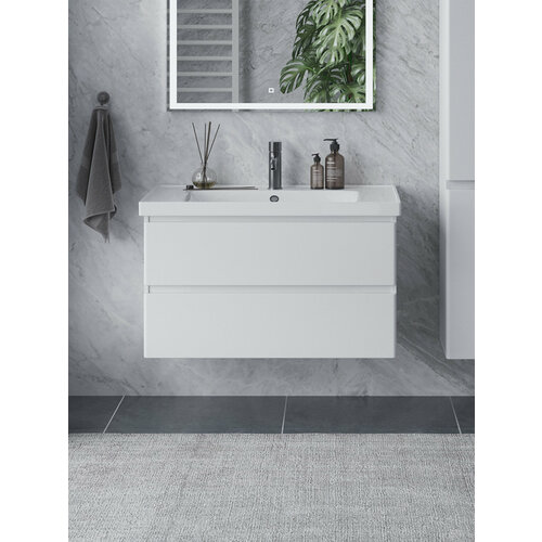 Тумба подвесная SanStar Riana 90 с раковиной Грейс 90 (комплект) для ванной комнаты белая