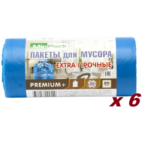 Мешки для мусора MIRPACK PREMIUM+ Extra прочные 30 л, 20 шт, 6 упак, синий