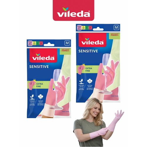 Перчатки латексные для деликатных работ Vileda Сенситив, Sensitive, комплект 2 пары - 4 шт, размер M/8, цвет: розовый, 105393-2