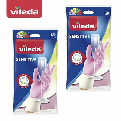 Перчатки латексные для деликатных работ Vileda Сенситив, Sensitive, комплект 2 пары - 4 шт, размер L/9, цвет: розовый, арт. 105394-2