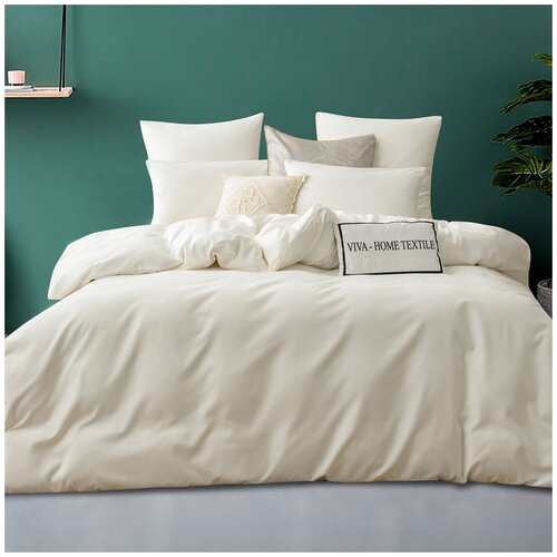 Комплект постельного белья VIVA HOME TEXTILE однотонный CSR0 с простыней на резинке, 2-спальное, сатин, молочный
