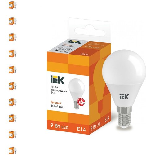 (10 шт.) Светодиодная лампочка IEK шар G45 E14 9W(810lm) 3000К 3K ECO LLE-G45-9-230-30-E14 Нейтральный белый. Цоколь E14