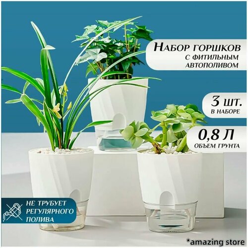 Горшок для цветов с фитильным автополивом (3 шт.)
