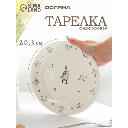 Тарелка десертная Доляна «Гуси», фарфор, d=20.3 см, цвет белый