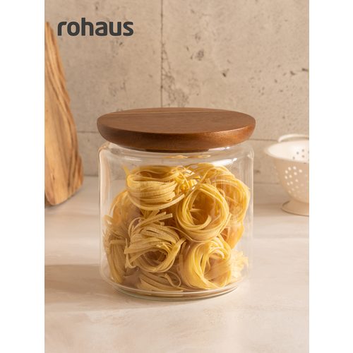 Банка для хранения еды и сыпучих продуктов из жаропрочного стекла Rohaus с деревянной крышкой - 3100 мл
